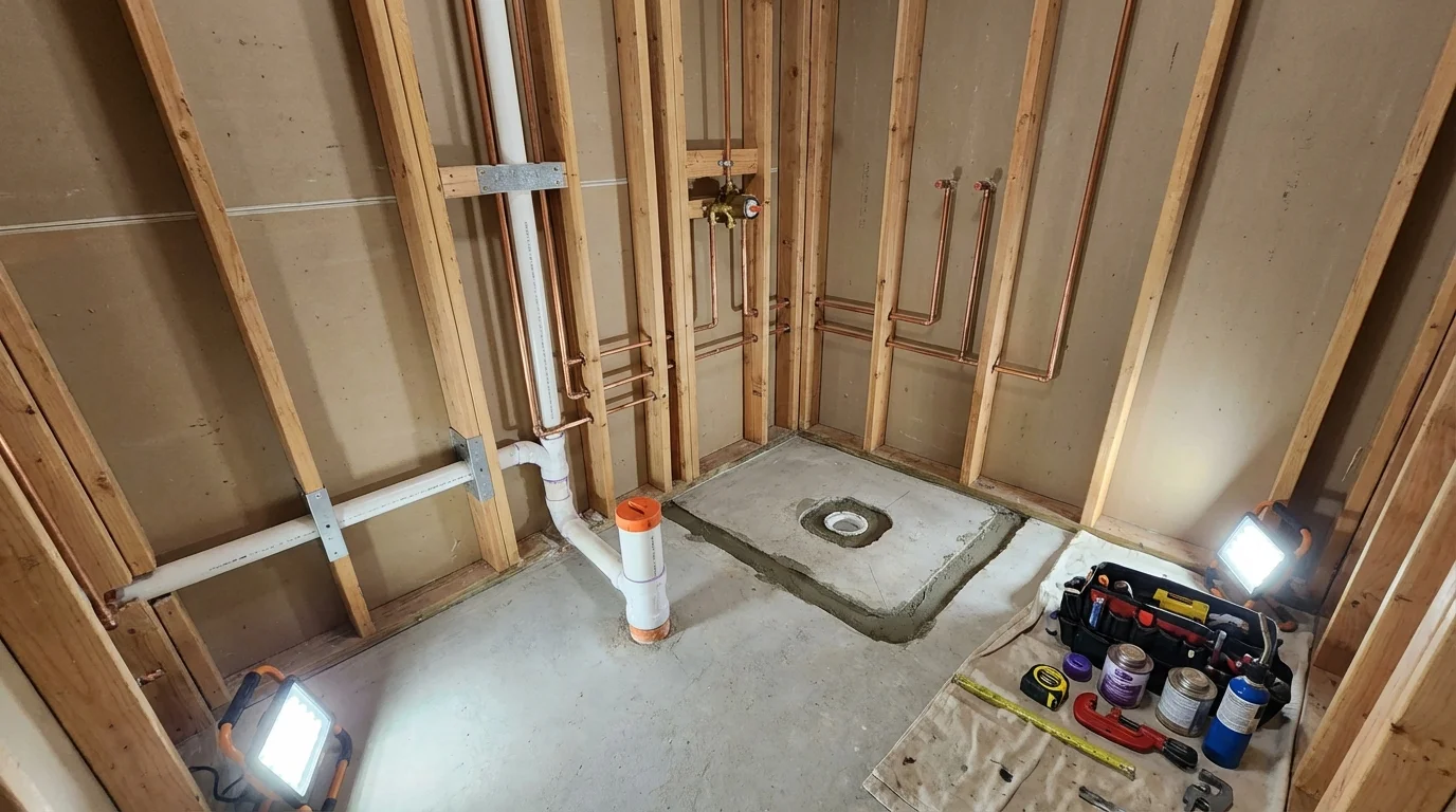 Bathroom rough-in plumbing during remodel by Johns Plumbing LLC in Pennsboro
