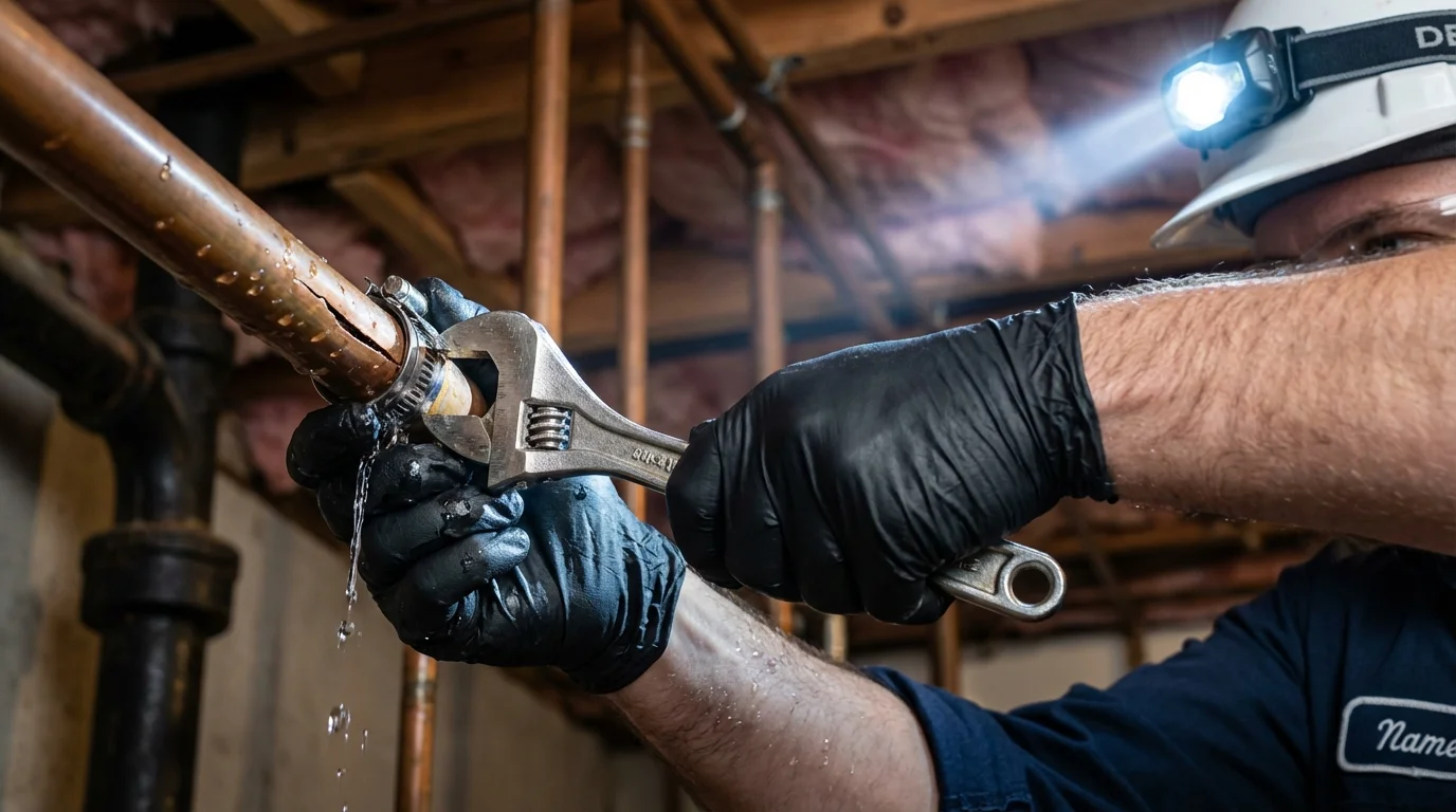 Emergency pipe clamp repair being performed by a Johns Plumbing LLC plumber in Pennsboro