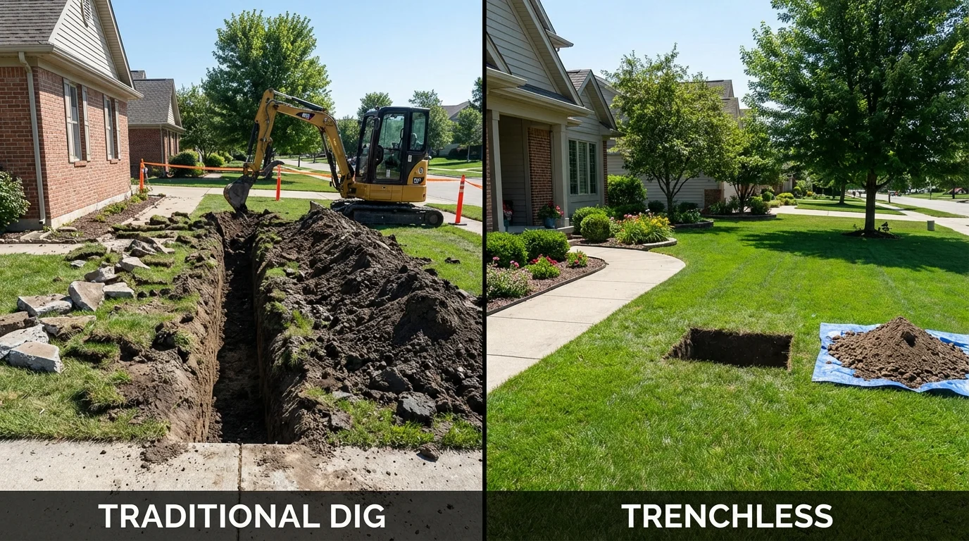 Trenchless sewer repair with minimal yard damage versus traditional excavation in Pennsboro, WV