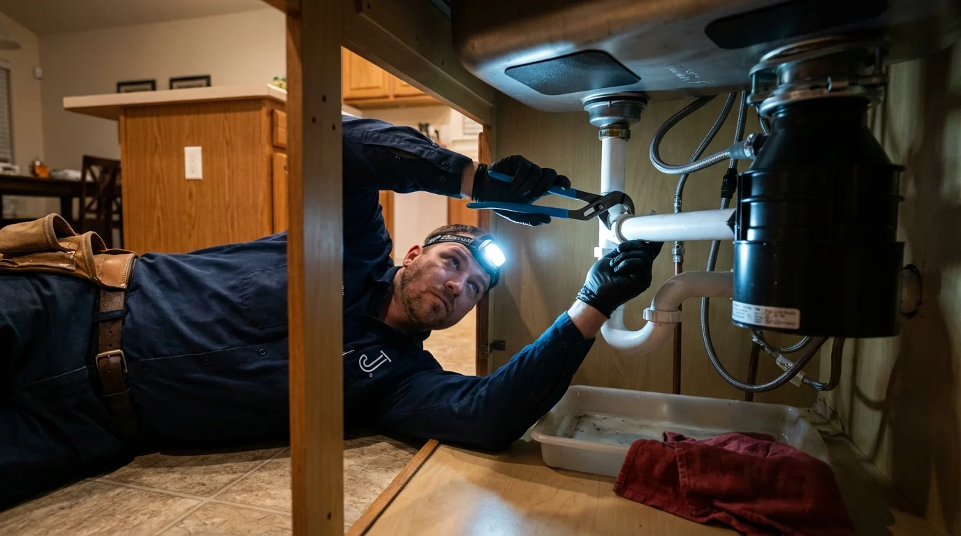 P-trap and supply line connections under a kitchen sink showing a common leak point in Pennsboro, WV